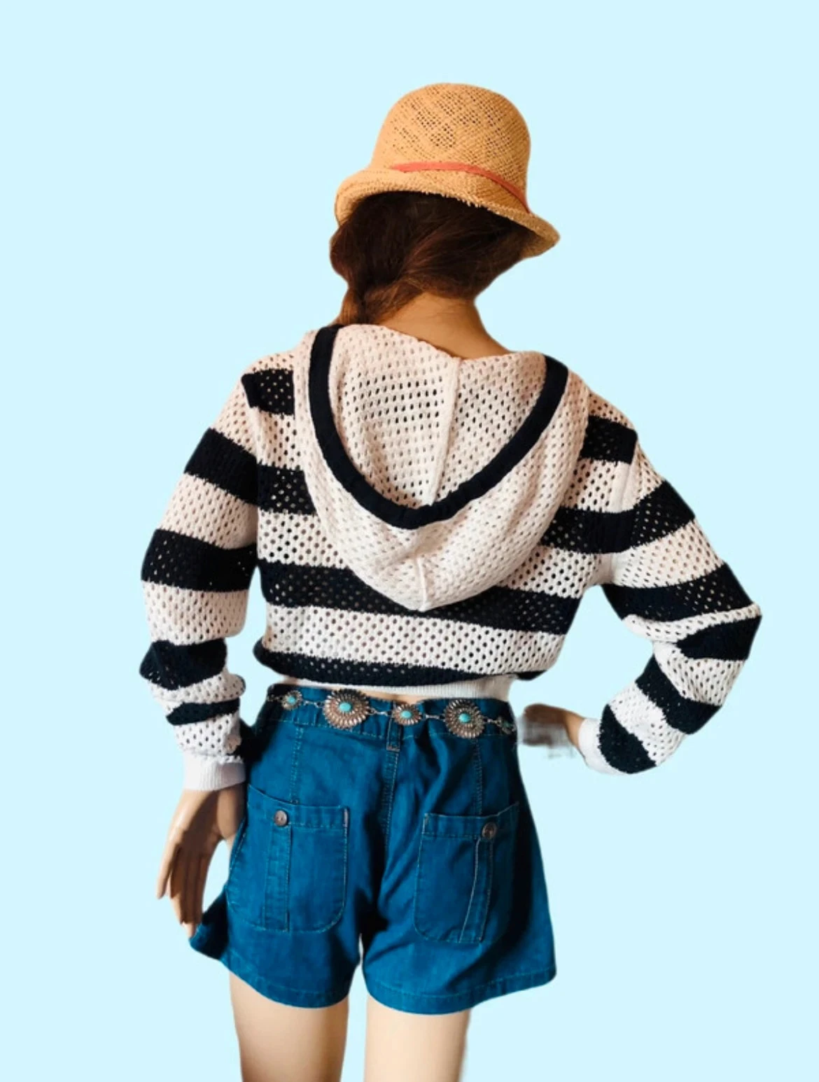 💙🌿Suéter curto de crochê com capuz e listras Y2K Beachwear festival hoodie crop striped sweater S/M🌿💙 – photo 8
